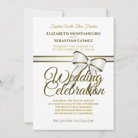 Elegant Wit & Goud Lint Bruiloft Uitnodiging (Voorkant)