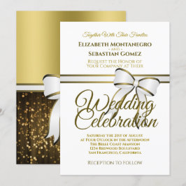 Elegant Wit & Goud Lint Bruiloft Uitnodiging