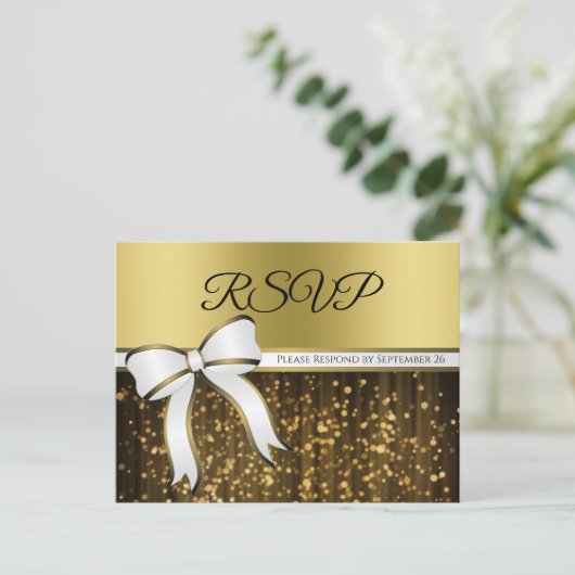 Elegant Wit & Goud Lint Glamoureuze Bruiloft RSVP Briefkaart (Staand voorkant)