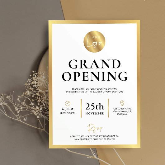 Elegant Wit Goud Logo Nieuw Bedrijf Openingsevenem Kaart