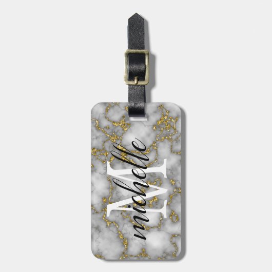 Elegant Wit Goud Marmer | Monogram Aangepast Bagagelabel (Voorkant verticaal)