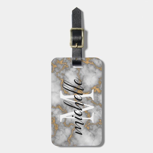 Elegant Wit Goud Marmer | Monogram Aangepast Bagagelabel (Voorkant verticaal)
