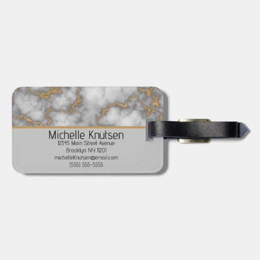 Elegant Wit Goud Marmer | Monogram Aangepast Bagagelabel (Achterkant horizontaal)