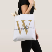 Elegant Wit Goud Meisje Gepersonaliseerd Monogramm Tote Bag (Dichtbij)