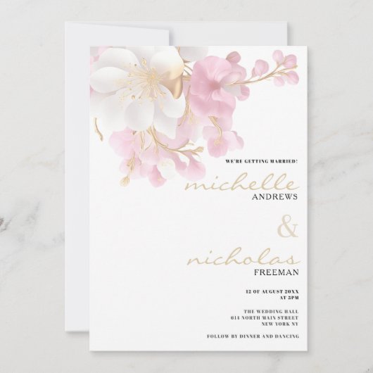 Elegant wit goud roze glitter bloemenbruiloft kaart (Voorkant)