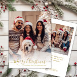 Elegant Wit Goud Script 2 Foto Kerstmis Feestdagenkaart<br><div class="desc">Modern Elegant Wit en Goud Script 2 Foto Merry Christmas Script Holiday Kaart. Deze feestelijke, eenvoudige minimalistische, grillige twee foto vakantie wenskaart sjabloon beschikt over "Merry Christmas" begroetingstekst die is geschreven in een prachtige hand geletterde swirly-tail lettertype kalligrafie script in goud op witte kleur achtergrond. Op de achterkant met uw...</div>