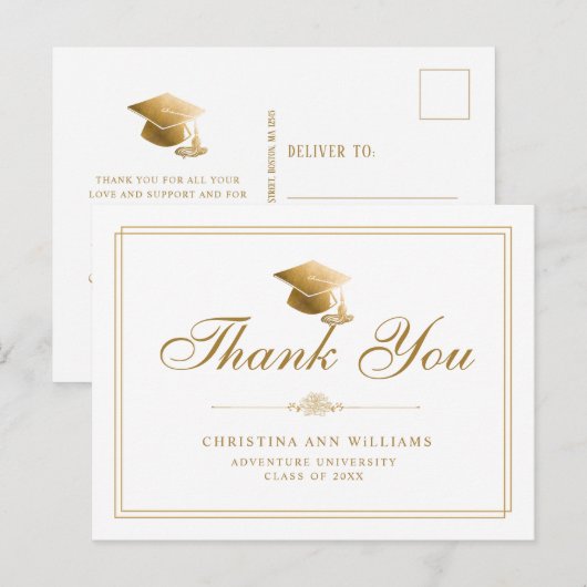 Elegant Wit Goud Script Afstuderen Dank u Briefkaart (Voorkant / Achterkant)