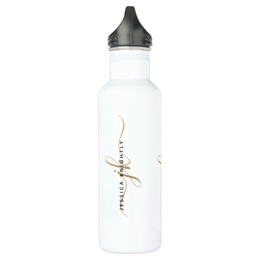 Elegant Wit Goud Script Monogram Initialen Naam Waterfles (Links)