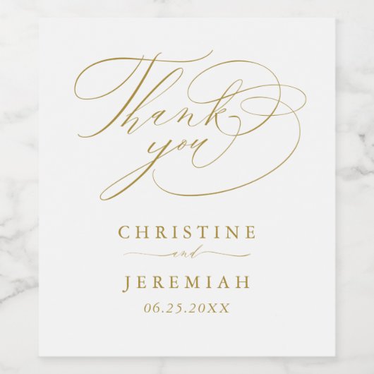 Elegant Wit Goud Script Namen Bruiloft Dank u Wijn Etiket (Enkel label)