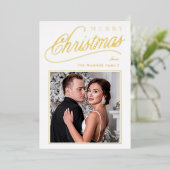 Elegant wit goud script vrolijke kerstfoto folie feestdagenkaart (Staand Voorkant)