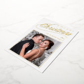 Elegant wit goud script vrolijke kerstfoto folie feestdagenkaart (Gedraaid)