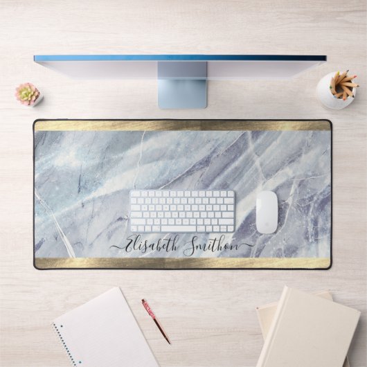 Elegant Wit Goud Stoffig Blauw Voeg Jouw naam Marm Bureaumat (Kantoor 1)