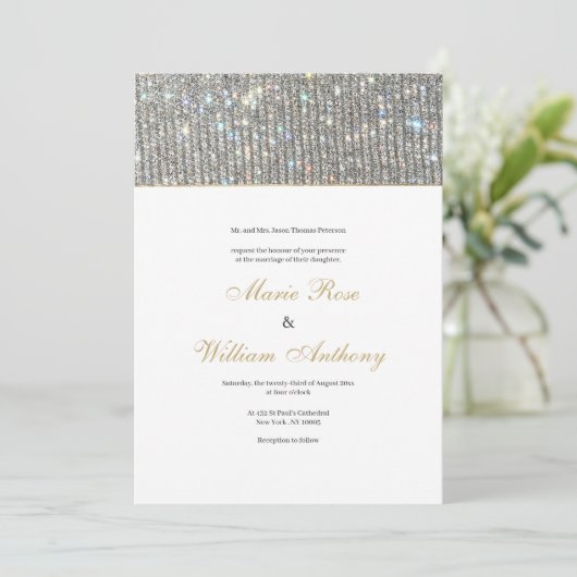 Elegant wit goud zilver glitter glam Bruiloft Kaart (Staand voorkant)