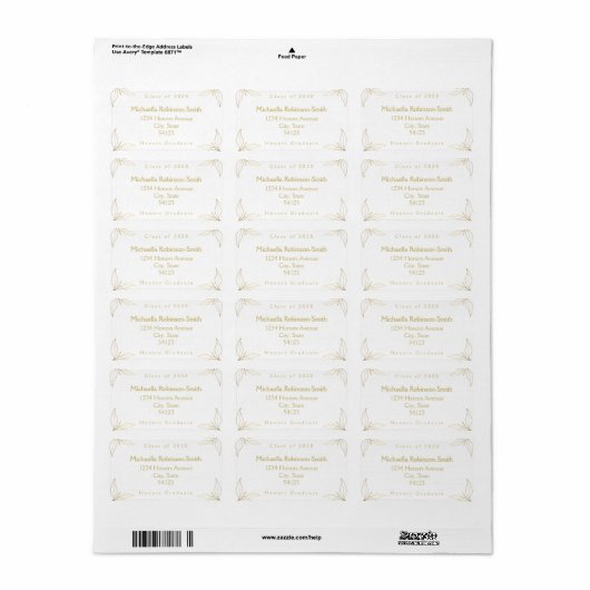 Elegant wit gouden Afstuderen adres Etiket (Full Sheet)