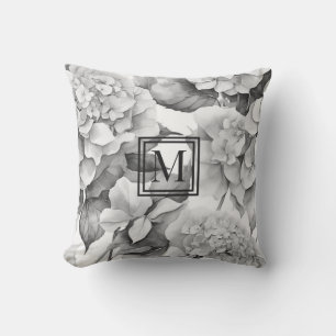 Elegant wit grijs bloemig waterverf monogram buitenkussen