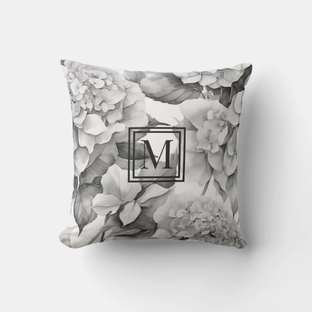 Elegant wit grijs bloemig waterverf monogram buitenkussen (Voorkant)