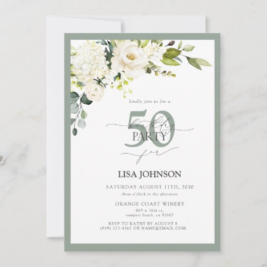 Elegant Wit Grijs Groen Bloemen 50ste Verjaardag Kaart (Voorkant)