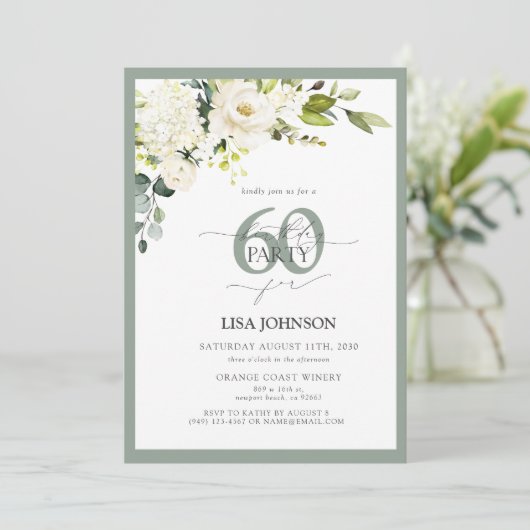 Elegant Wit Grijs Groen Bloemen 60ste Verjaardag Kaart (Staand voorkant)