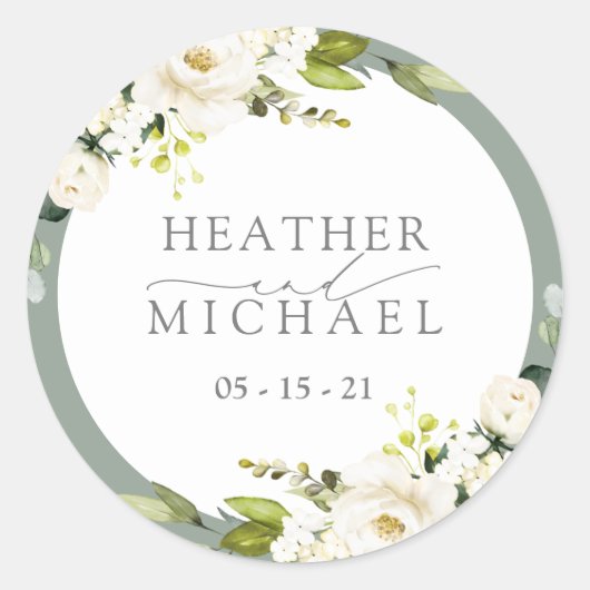 Elegant Wit Grijs Groen Bloemend Waterverf Bruilof Ronde Sticker (Voorkant)
