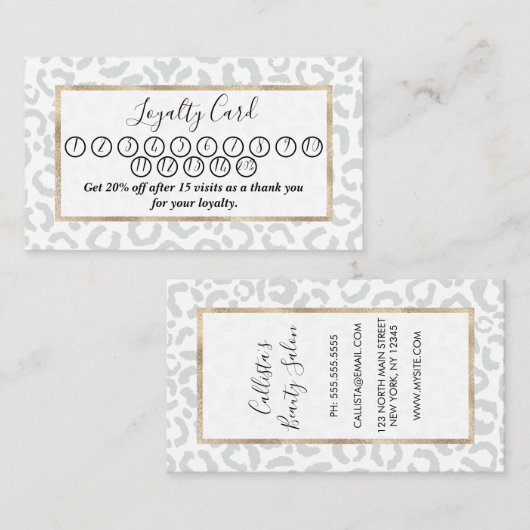 Elegant Wit Grijs Luipaard Cheetah Dierenprint 15 Klantenkaartje (Voorkant / Achterkant)