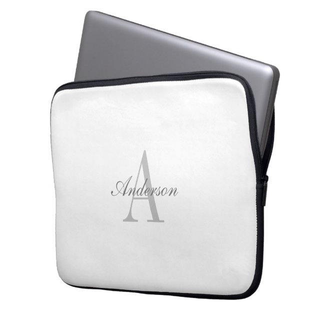 Elegant wit & grijs monogram laptop sleeve (Voorkant Links)