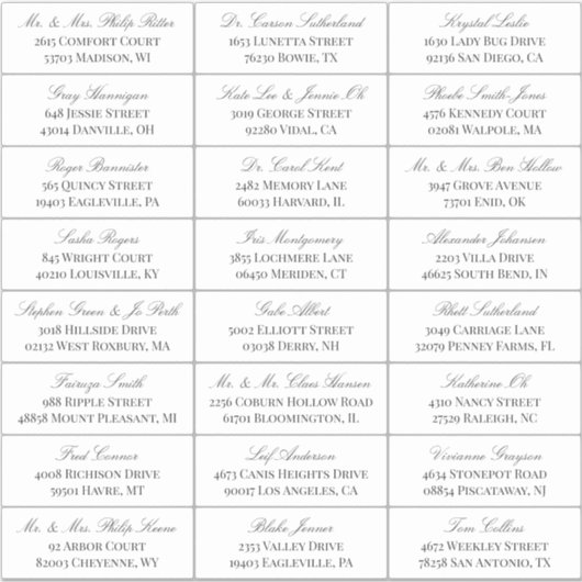 Elegant Wit Grijs Script 24 Bruiloft Gast Adres Sticker (Voorkant)