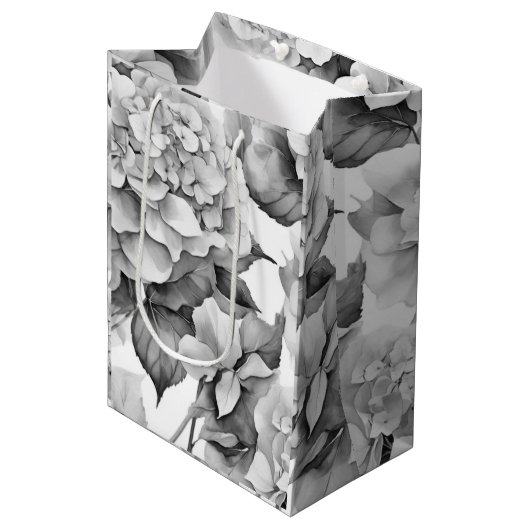 Elegant wit grijs zwart bloemenmotief waterverf medium cadeauzakje (Voorkant Gekanteld)