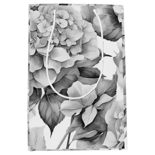 Elegant wit grijs zwart bloemenmotief waterverf medium cadeauzakje (Voorkant)