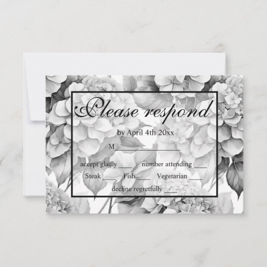 Elegant wit grijs zwart bloemenmotief waterverf RSVP kaartje (Voorkant)