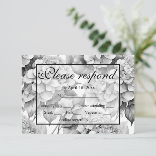 Elegant wit grijs zwart bloemenmotief waterverf RSVP kaartje (Staand voorkant)