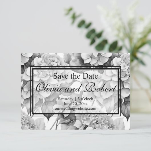 Elegant wit grijs zwart bloemenmotief waterverf save the date (Staand voorkant)
