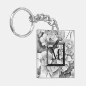 Elegant wit grijs zwart bloemenmotief waterverf sleutelhanger (Voorkant Links)