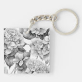 Elegant wit grijs zwart bloemenmotief waterverf sleutelhanger (Achterkant)