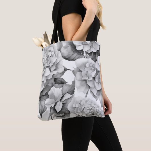 Elegant wit grijs zwart bloemenmotief waterverf tote bag (Dichtbij)