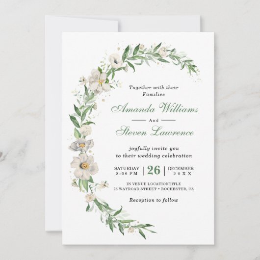 Elegant wit groen  bloemenbruiloft kaart (Voorkant)