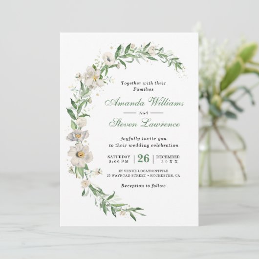 Elegant wit groen bloemenbruiloft kaart (Staand voorkant)
