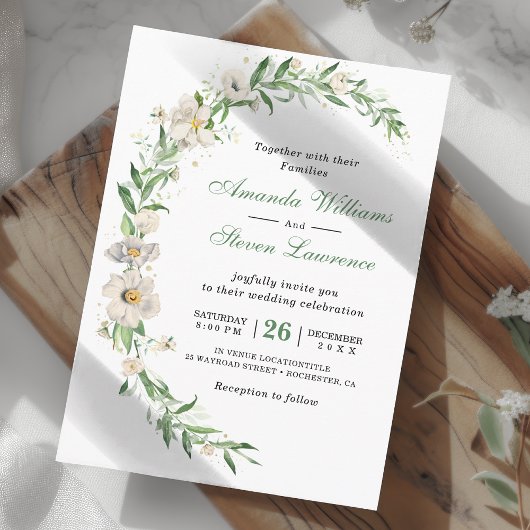Elegant wit groen bloemenbruiloft kaart
