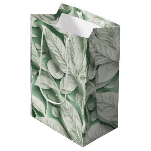 Elegant wit groen botanisch bladpatroon medium cadeauzakje (Voorkant Gekanteld)