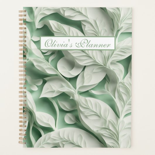 Elegant wit groen botanisch bladpatroon planner (Voorkant)