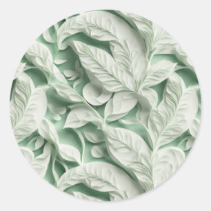 Elegant wit groen botanisch bladpatroon ronde sticker