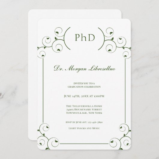 Elegant wit groen PhD Afstuderen Kaart (Voorkant / Achterkant)
