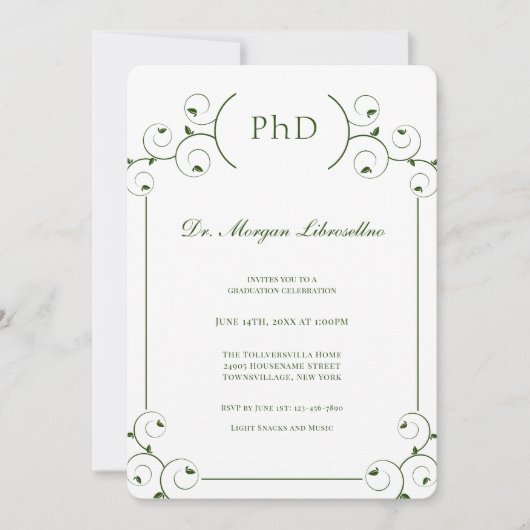 Elegant wit groen PhD Afstuderen Kaart (Voorkant)