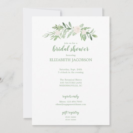 Elegant Wit & Groen Roos Bloemen Vrijgezellenfeest Kaart (Voorkant)