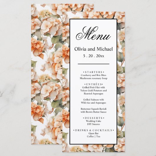 Elegant wit groen sinaasappel boho waterverf flora menu (Voorkant / Achterkant)