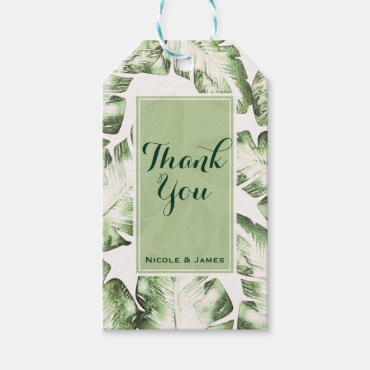 Elegant Wit Groen Tropisch Strand Bladeren Bruilof Cadeaulabel (Voorkant)