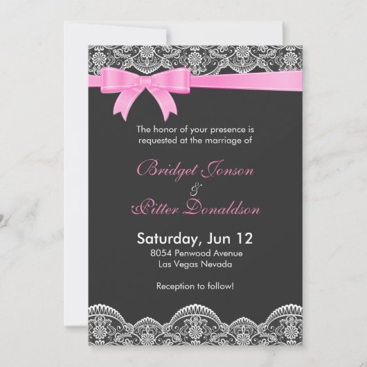 Elegant wit kant en Bleek roze lint bruiloft Kaart (Voorkant)