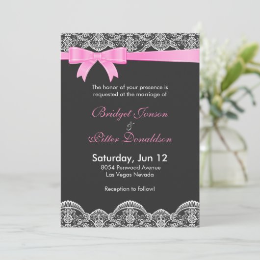 Elegant wit kant en Bleek roze lint bruiloft Kaart (Staand voorkant)