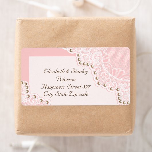 Elegant wit kant met parels roze bruiloft label (Insitu)