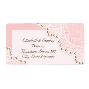 Elegant wit kant met parels roze bruiloft label