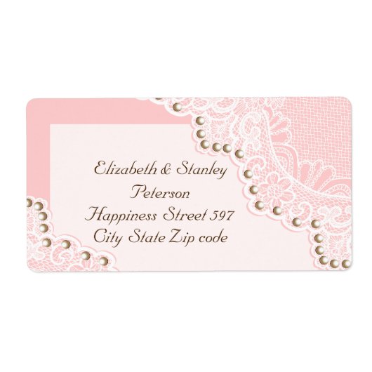 Elegant wit kant met parels roze bruiloft label (Voorkant)